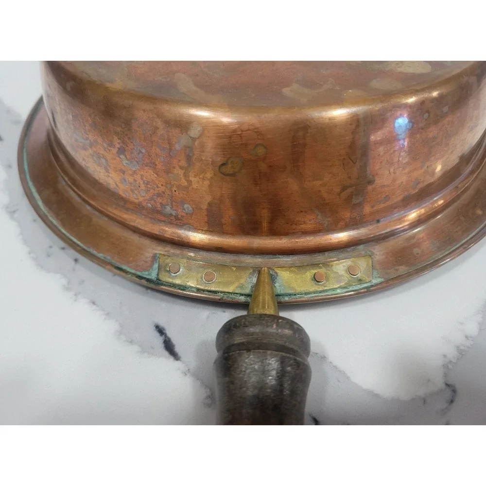 VINTAGE COPPER TIN Lined WOOD Handle COOKING Pan With‎ Brass 9 1/2 Inch Diameter